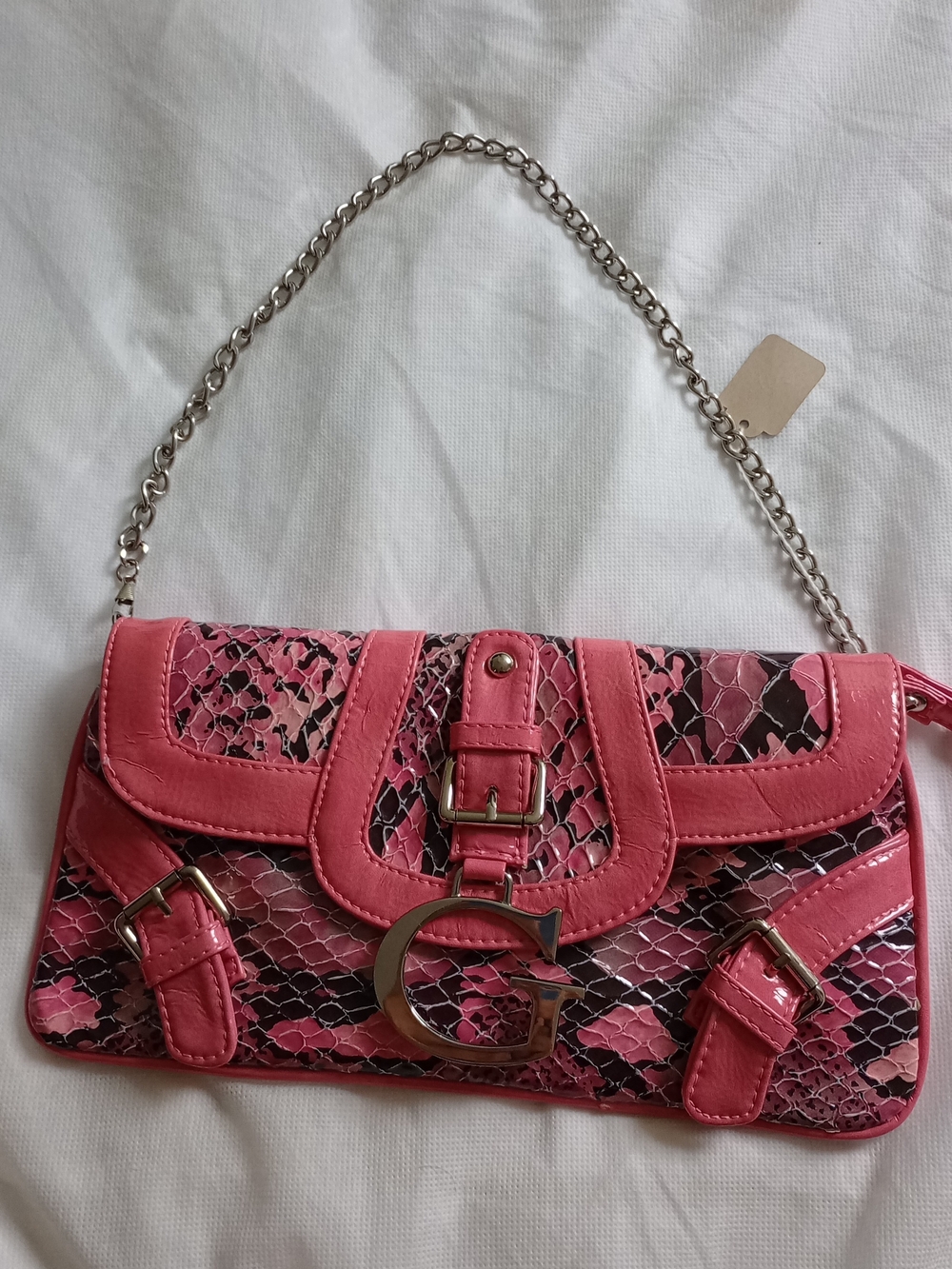 vintage pink snake-embossed Guess shoulder bag